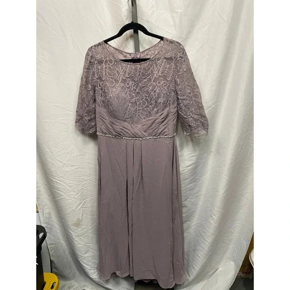 JJ's House dusty Mauve Lace Chiffon Gown with Rhinestone Belt 3/4 Sleeve Dress - Picture 1 of 6